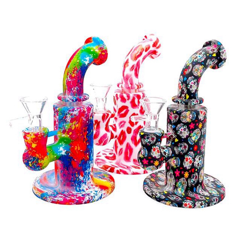 Kit de cachimbos de borbulhador de silicone mini padrões coloridos com cabo de vidro filtro funil tigela erva seca tabaco narguilé cachimbo de água narguilé shisha suporte para bongo cachimbos dhl