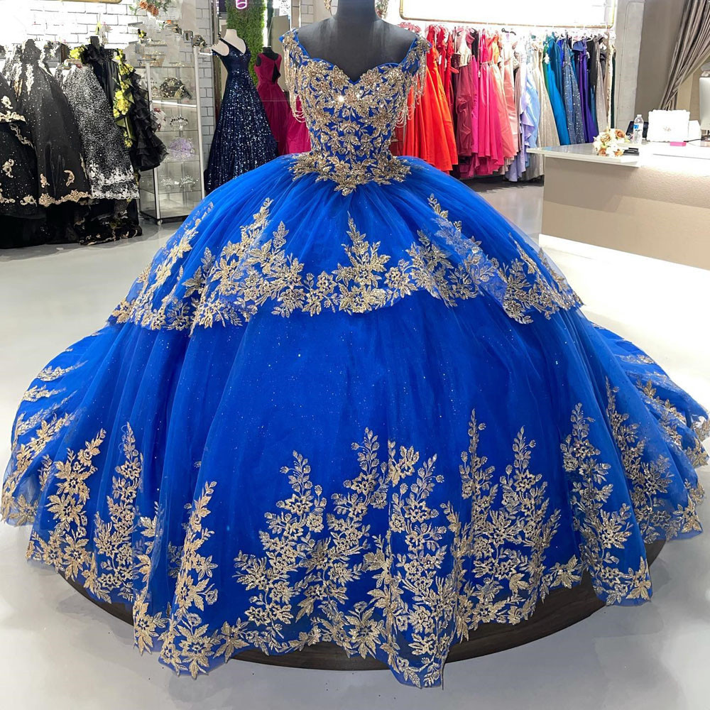 Royal Blue Quinceanera Dresses Cathedral Train Prom Gowns 3d Floral Flower Straps Pärled Corset Back Sweet 15 16 Dress