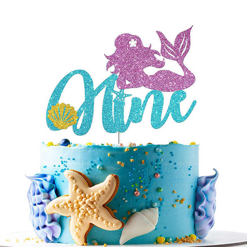 New Little Mermaid Theme Cake Topper Glitter Number Mermaid Tail Cake Decoration For Kid 1 2 3 Year Birthday Party Decor Baby Shower