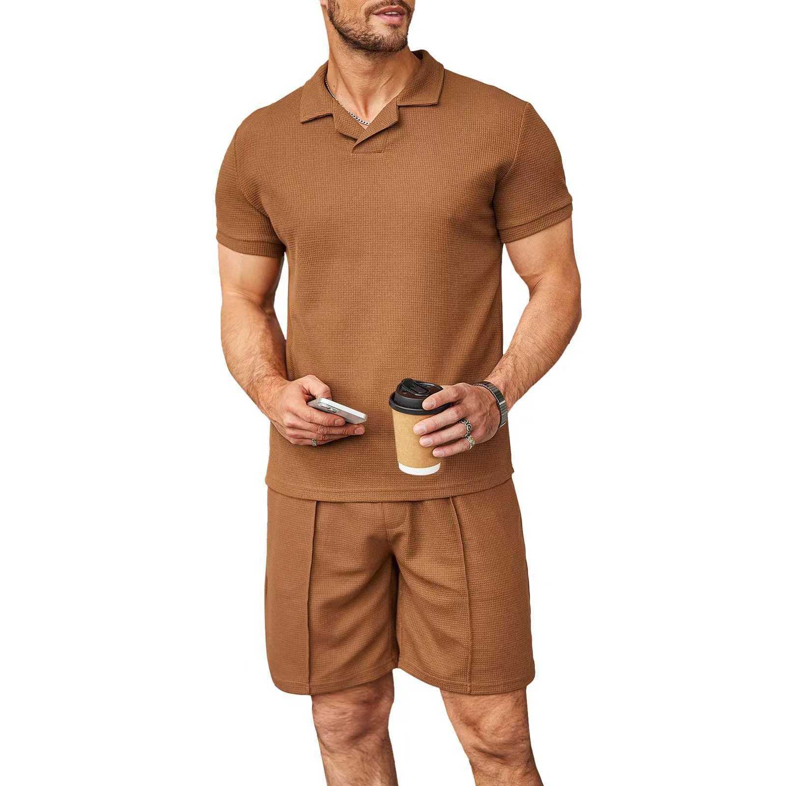 Summer Mens Tracksuits Plus Size M-3XL Sportswear Pants Set Waffle V-neck Short Sleeve Polo Shirt T-shirt Sweatsuits 2023 Fashion Clothing Casual Suit
