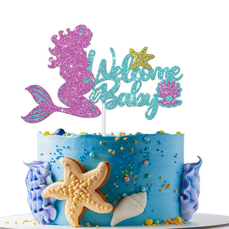 New Little Mermaid Theme Cake Topper Glitter Number Mermaid Tail Cake Decoration For Kid 1 2 3 Year Birthday Party Decor Baby Shower