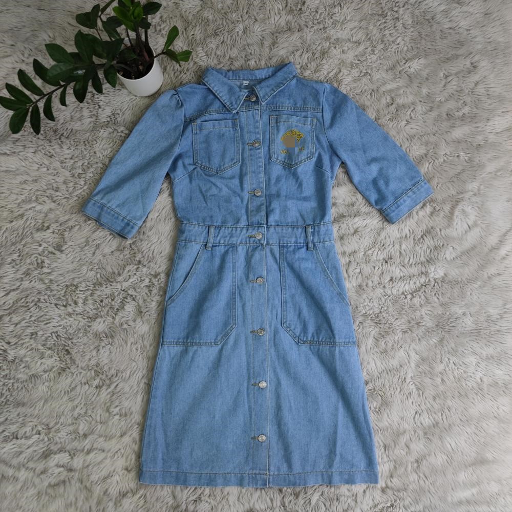 Designer Denim Dresses Women Casual Lapel Neck Embroidery Print Mid Length Dress Free Ship