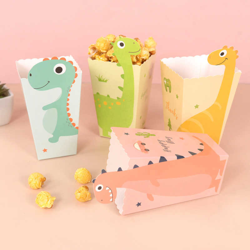 Ny 12st tecknad dinosaurie Popcorn Box Candy Cookies Packaging Bag Kids Jungle Animal Birthday Party Decoration Supplies Baby Shower