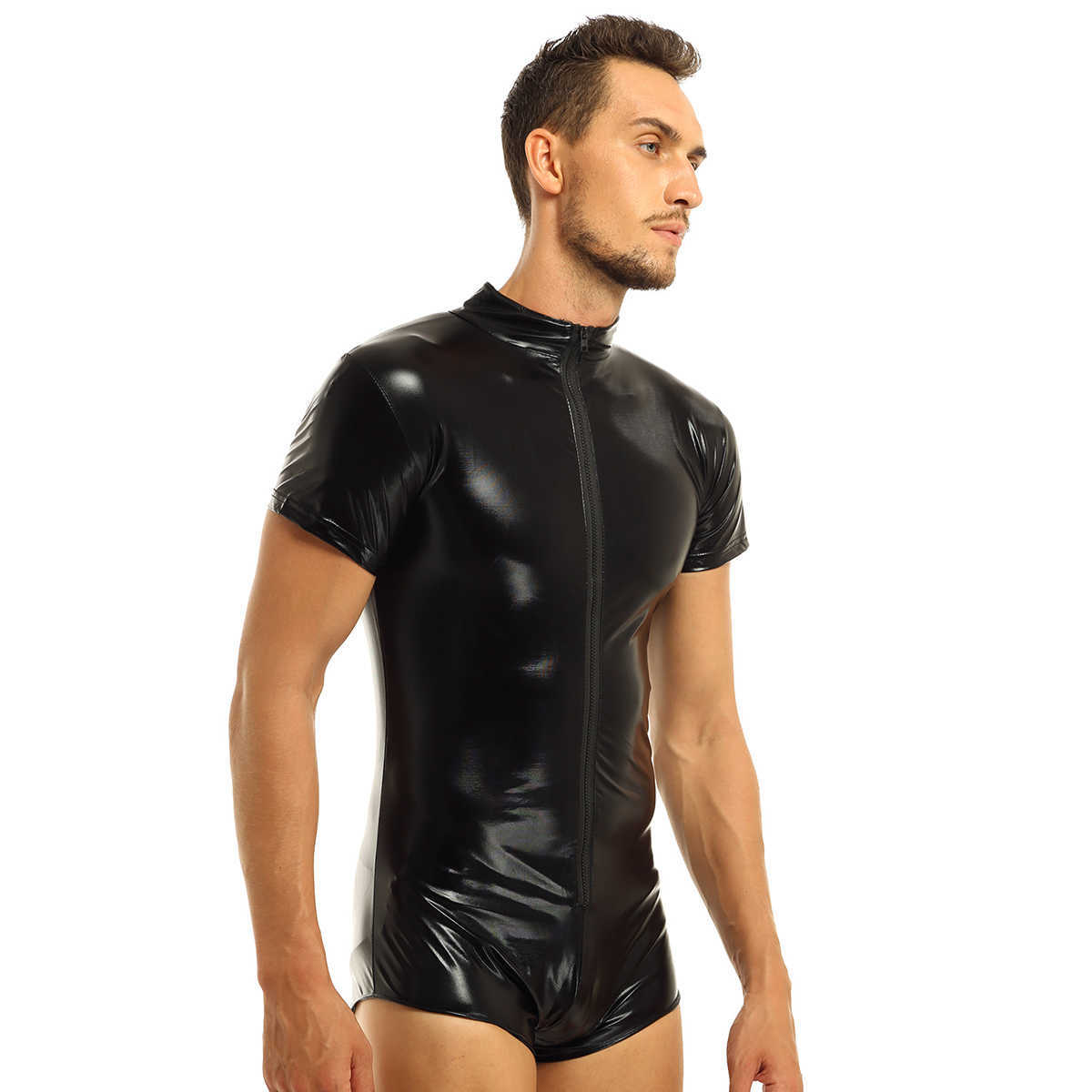 Men's Swimwear Mens Lingerie Catsuit Swimsuit Leather Swimwear Zipper Jumpsuit Leotard Shiny Bodysuit Underwear Gymnastics Suit Swimming SuitHKD230621