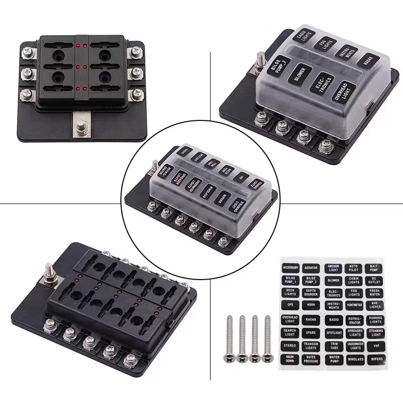 12V 24V Car Marine Boat 6 Way Blade Fuse Box Morsettiera Auto Track Fuse Holder Box Cablaggio Connettore di alimentazione Interruttore con spia LED