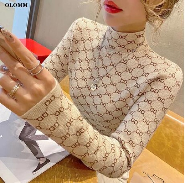 Light Tan grey Womens stretch turtleneck sweater keeps warm letter ribbed knitted pullover new fashion punk top for autumn and winter