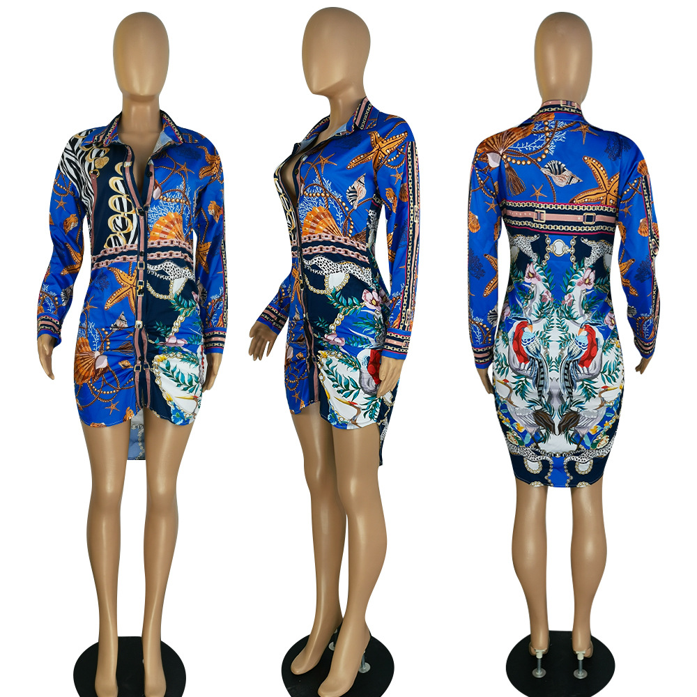 Print Shirt Dresses Women Casual Lapel Neck Long Sleeved Short Mini Dress Belt Not Included Free Ship