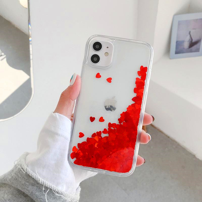 Heart Glitter Quicksand Phone Case Liquid Flow Back Cover Water Bling Protector for iPhone 14 13 12 11 pro max X Xs XR xS MAX 7 8 7P 8P