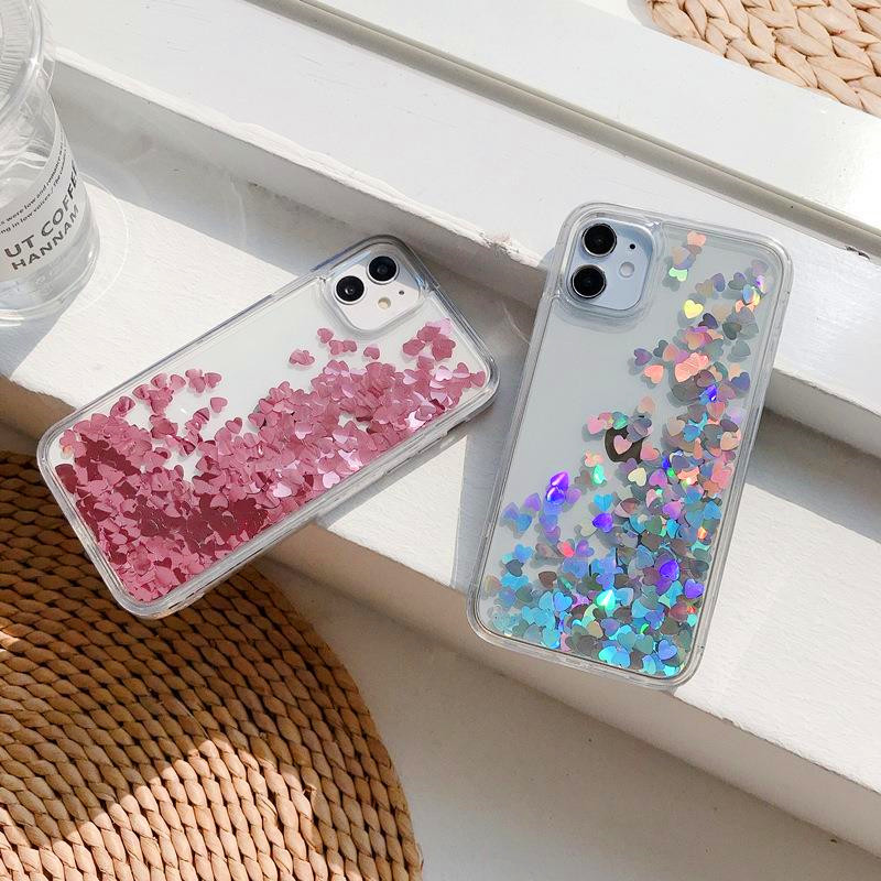 Heart Glitter Quicksand Phone Case Liquid Flow Back Cover Water Bling Protector for iPhone 14 13 12 11 pro max X Xs XR xS MAX 7 8 7P 8P