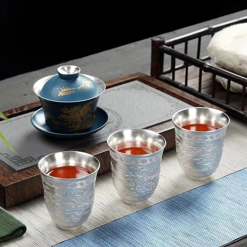 Dragon Phoenix Tea Cup Keramiek Zilver Water Cup Luxe Vakmanschap Theekopjes Ingelegd met Zilveren Theekopje Kunstwerk Home Drinkware