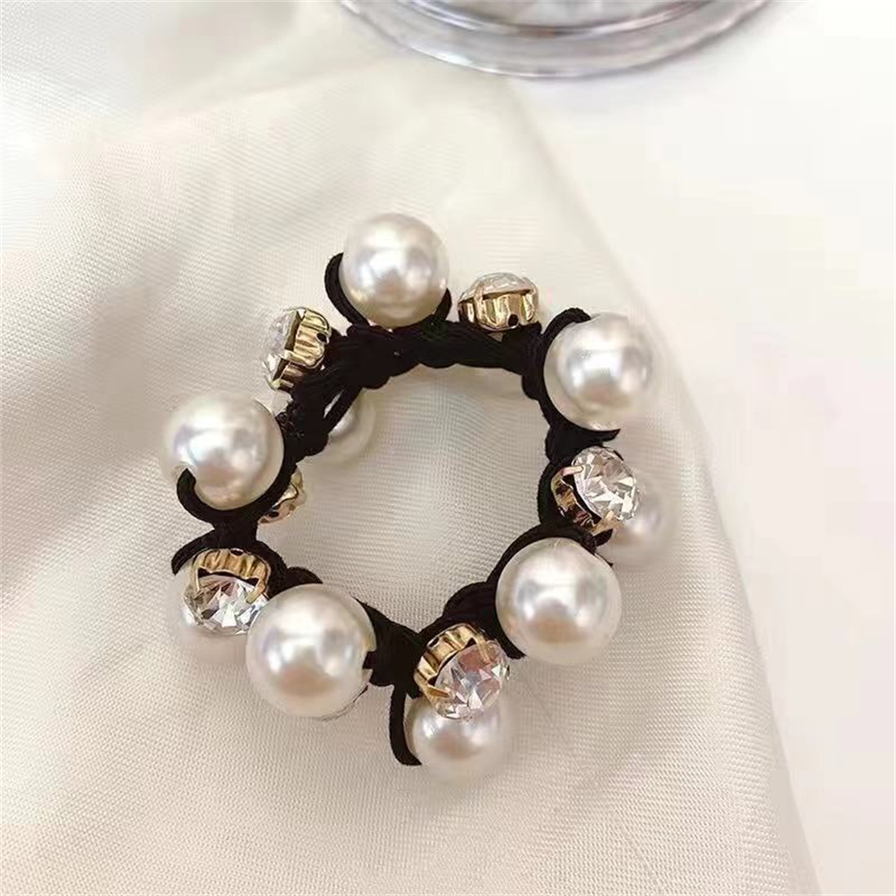 Fashion Pearl Crystal Rhinestone Hair Rope For Women Tie Ponytail Hair Ring Net Red Tie Simple Woven Elastic Headrope