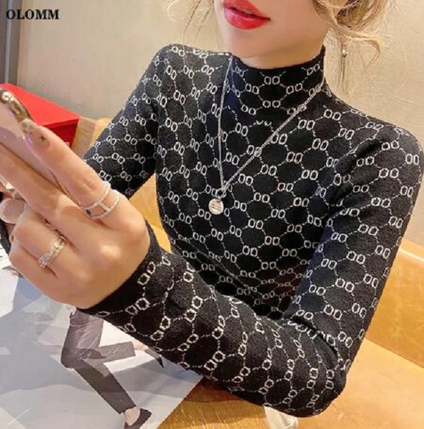 Light Tan grey Womens stretch turtleneck sweater keeps warm letter ribbed knitted pullover new fashion punk top for autumn and winter