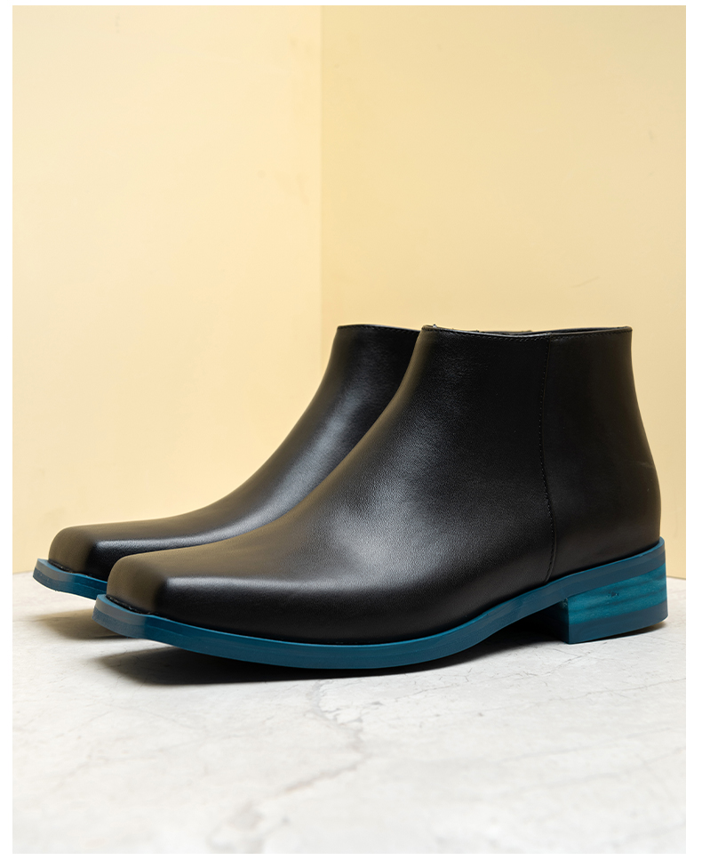 Herren-Chelsea-Stiefel mit blauem Boden, echtes Leder, Stiefeletten mit quadratischer Zehenpartie, hohe Schuhe P25D50