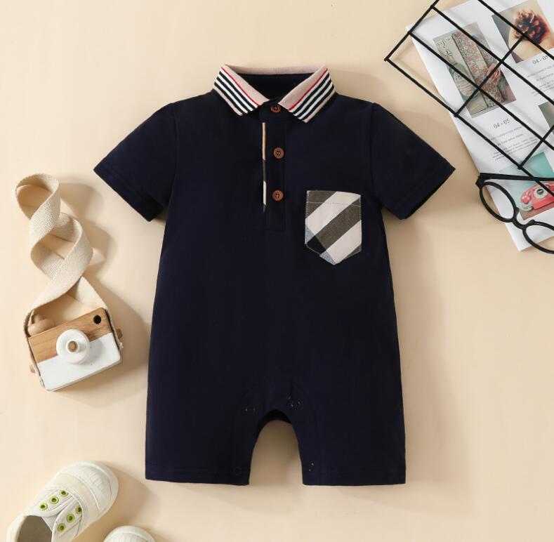 Bébé Garçons Filles Marque Barboteuses D'été Nouveau-Né À Manches Courtes Combinaisons Avec Poche Décoration Col Rabattu Infant Plaid Onesies 0-24 Mois