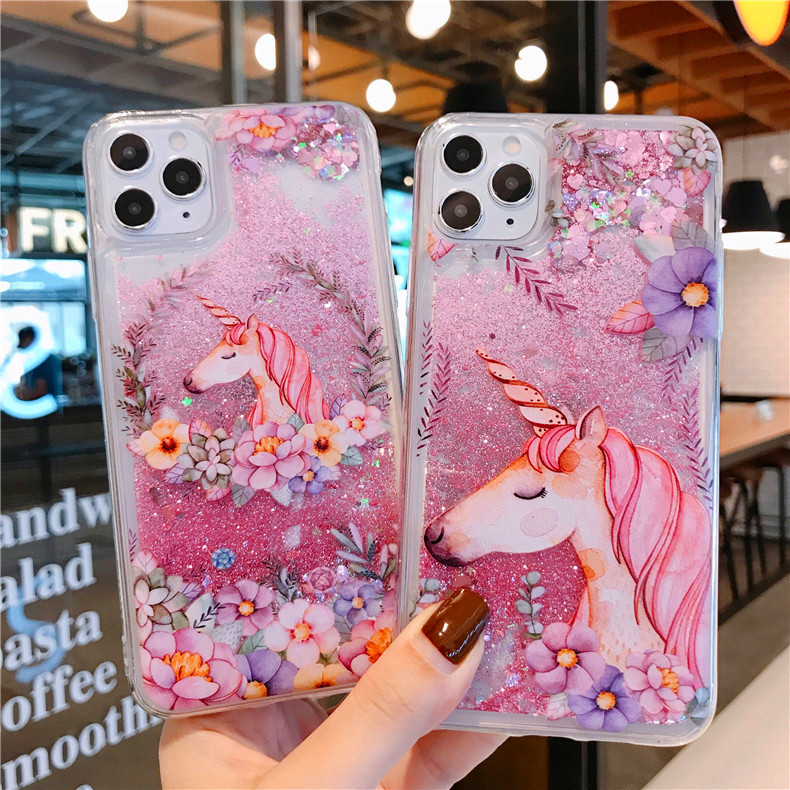 Glitter Quicksand Phone Case Flower Liquid Flow Back Cover Flamingo Licorne Eau Bling Protecteur pour iPhone 14 13 12 11 pro max X Xs XR Xs max 7 8 7P 8P