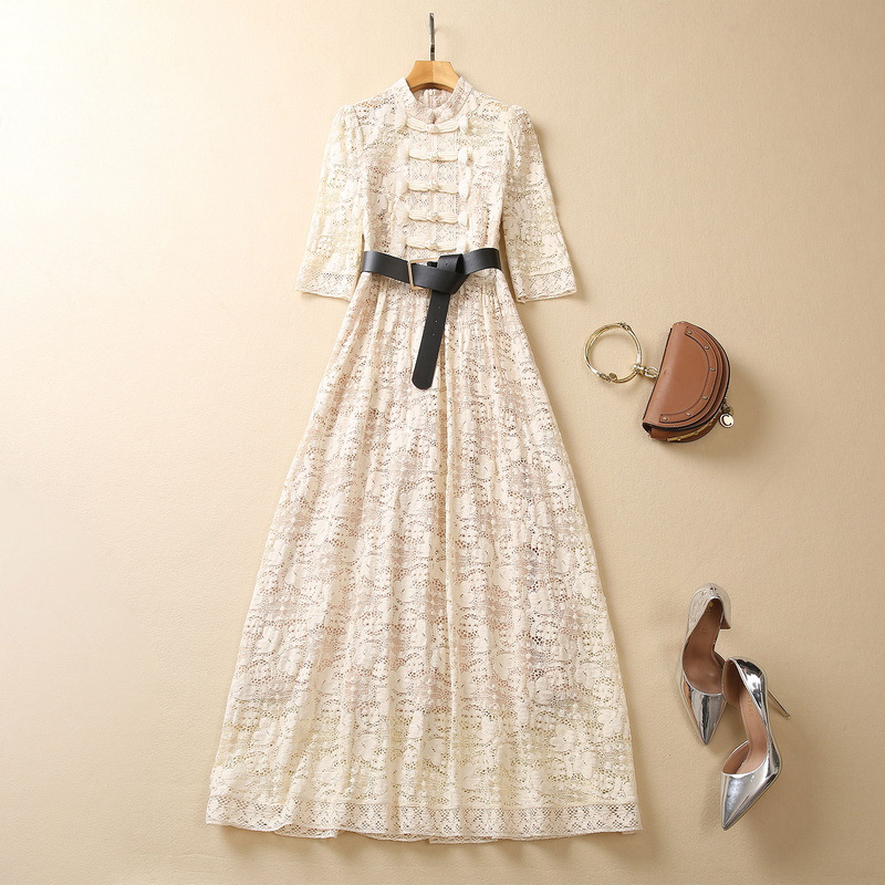 Women`s Summer Lace Pleated Dress with Stand-up Collar and Button Closure, XXL