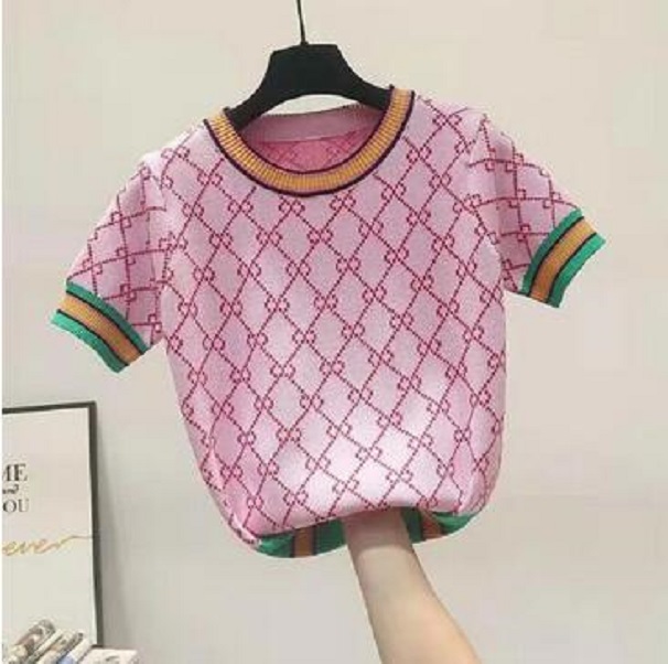 2030 NEW Women's Knits & Tees Colorful Jacquard Flower Short Sleeve Tshirt Female Sweater Tops Tee Chic High Quality