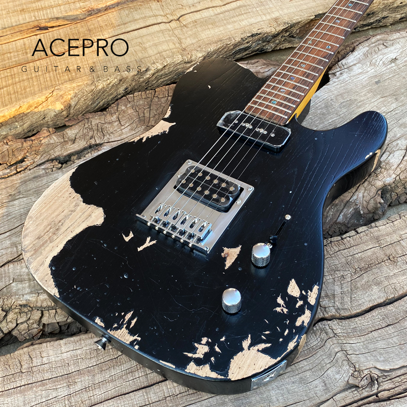 Acepro Ash Body Relic Guitar Guitar Grover Sunters Abalone Inlays P90+Humbucker Pickups Guitarra Black Color Mathed Made