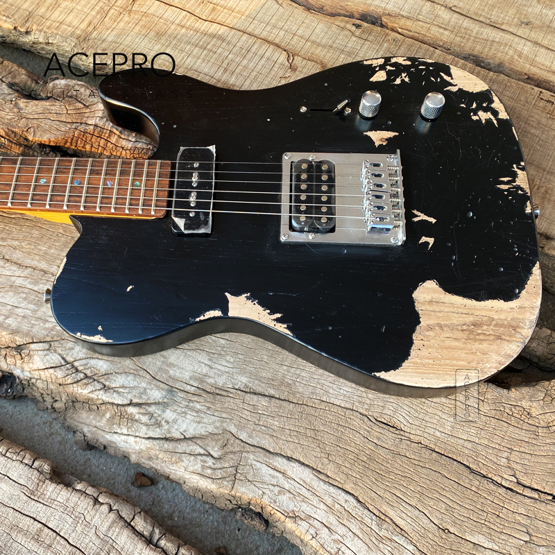 Acepro Ash Body Relic Guitar Guitar Grover Sunters Abalone Inlays P90+Humbucker Pickups Guitarra Black Color Mathed Made