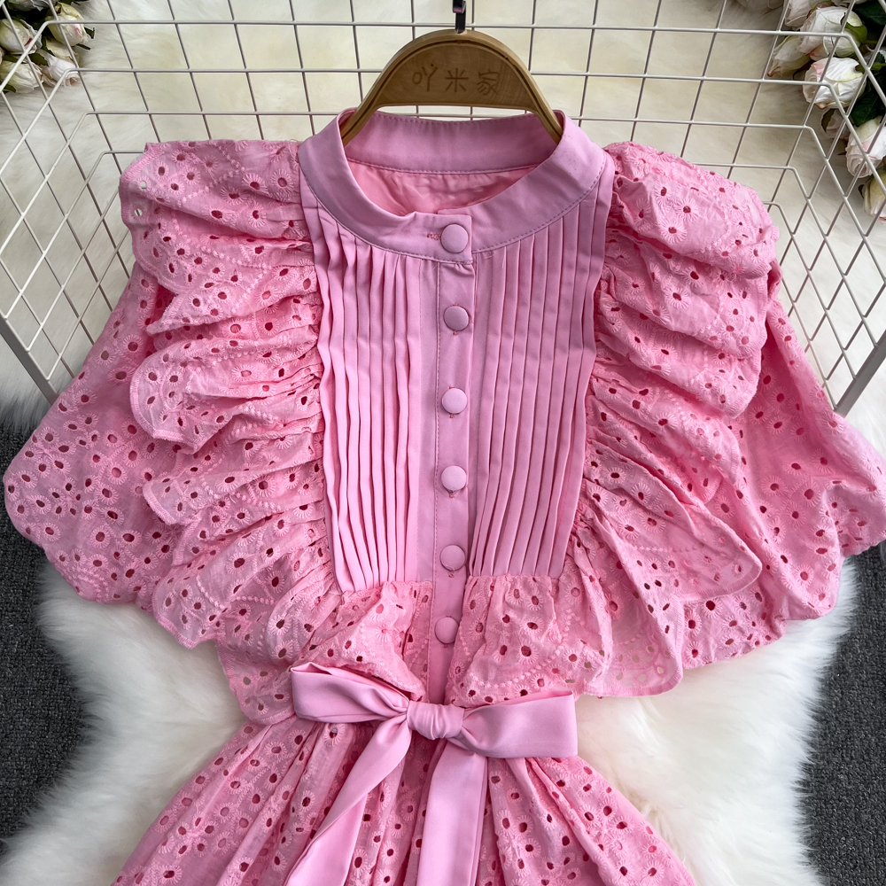 2023 Casual Dresses Runway Summer Elegant Chic Plelated Bow Ruffle Dress A-line Casual Puff Sleeve Vestidos O-Neck High Spring Summer Vacation Robe