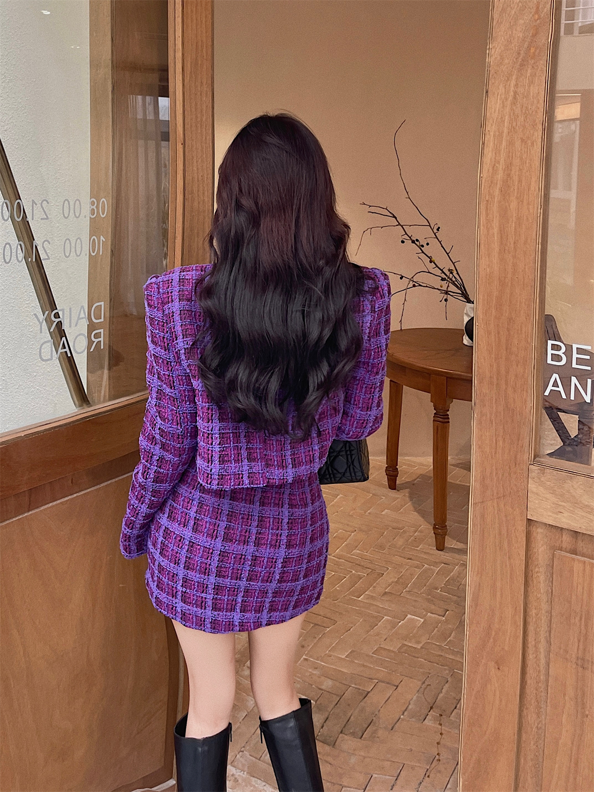 Vestido de duas peças sexy outono inverno novo clássico retrô roxo jacquard xadrez tweed conjunto de 2 peças feminino alta qualidade jaqueta curta bpdycon conjuntos de saias 2023