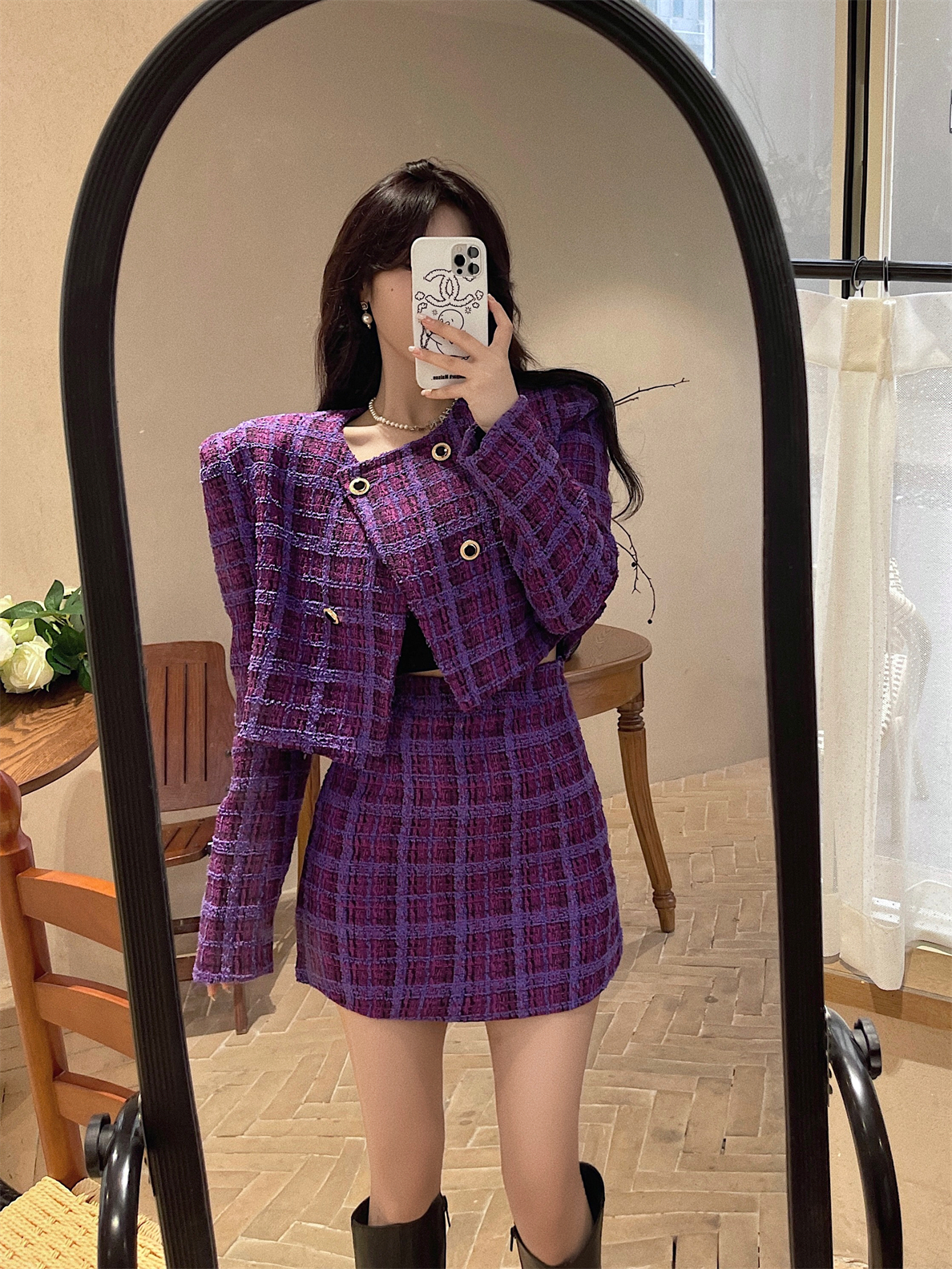 Zweiteiliger Kleid sexy Herbst Winter neuer Klassiker Retro Purple Jacquard Plaid Tweed 2 Stück Set Frauen hochwertige Kurzjacke Mantel Bpdycon Röcke Sets 2023