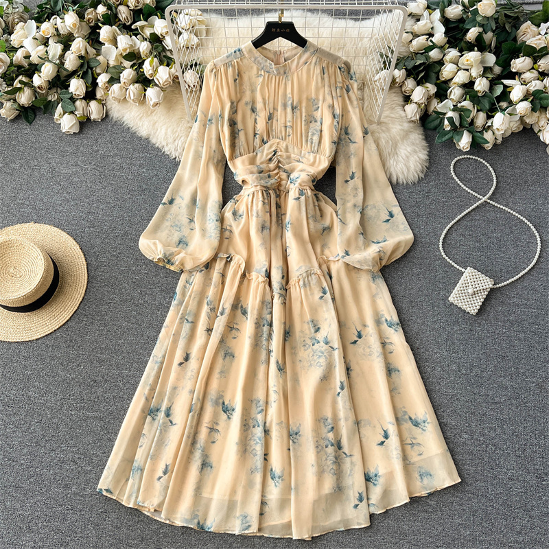 Casual Dresses Summer New Mid-Längd Women Floral Dress Round Neck High midje Rund krage Långärmad blommuttryck Chiffonklänning Vestidos 2023