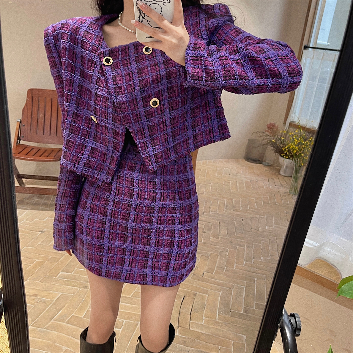 Zweiteiliger Kleid sexy Herbst Winter neuer Klassiker Retro Purple Jacquard Plaid Tweed 2 Stück Set Frauen hochwertige Kurzjacke Mantel Bpdycon Röcke Sets 2023