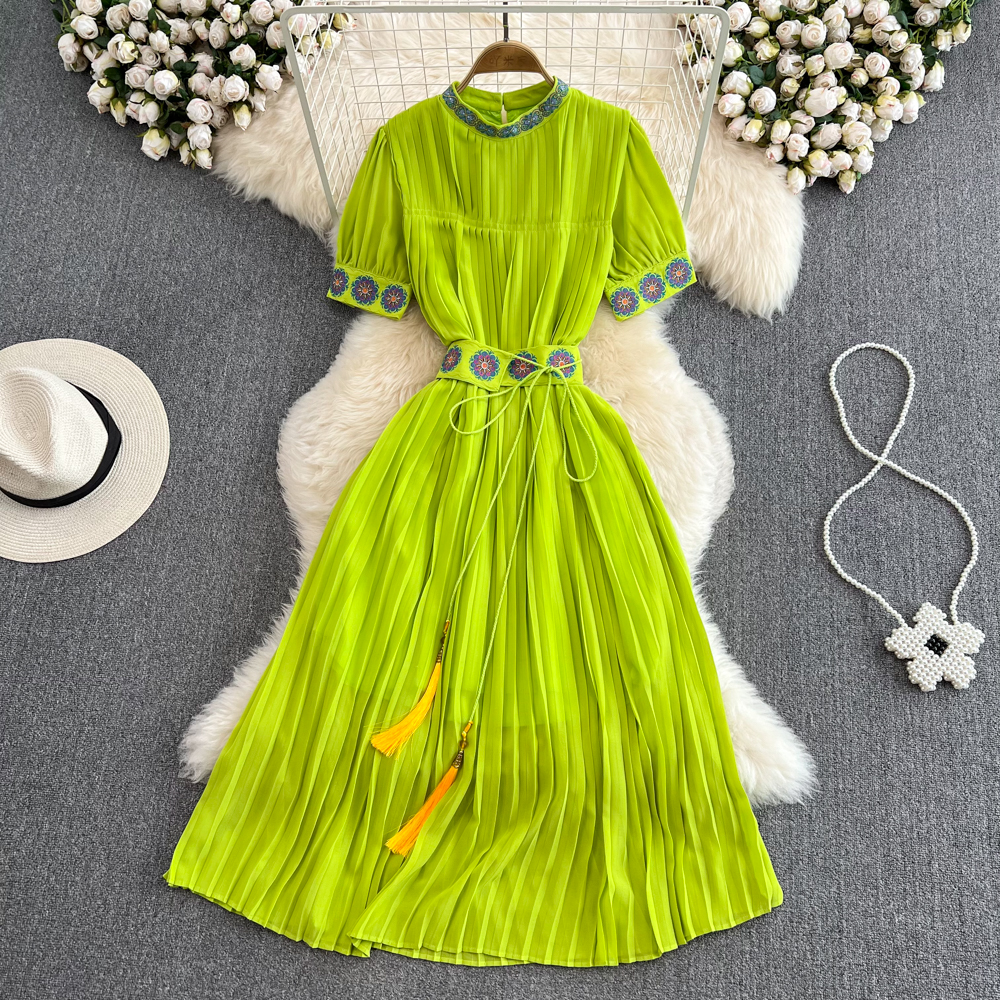 Casual Dresses Retro Ethnic Wind Embroidery Standing Collar Chiffon Dresses For Women Summer Vacation Beach SASHES PLECTED LONG DRESS 2023