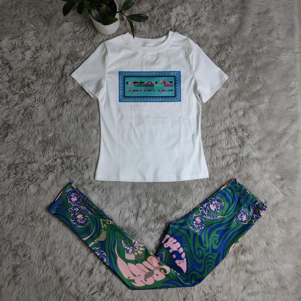 Pantalon deux pièces pour femmes, tenues d'été, ensemble T-shirt et Legging imprimés décontractés à col ras du cou, livraison gratuite