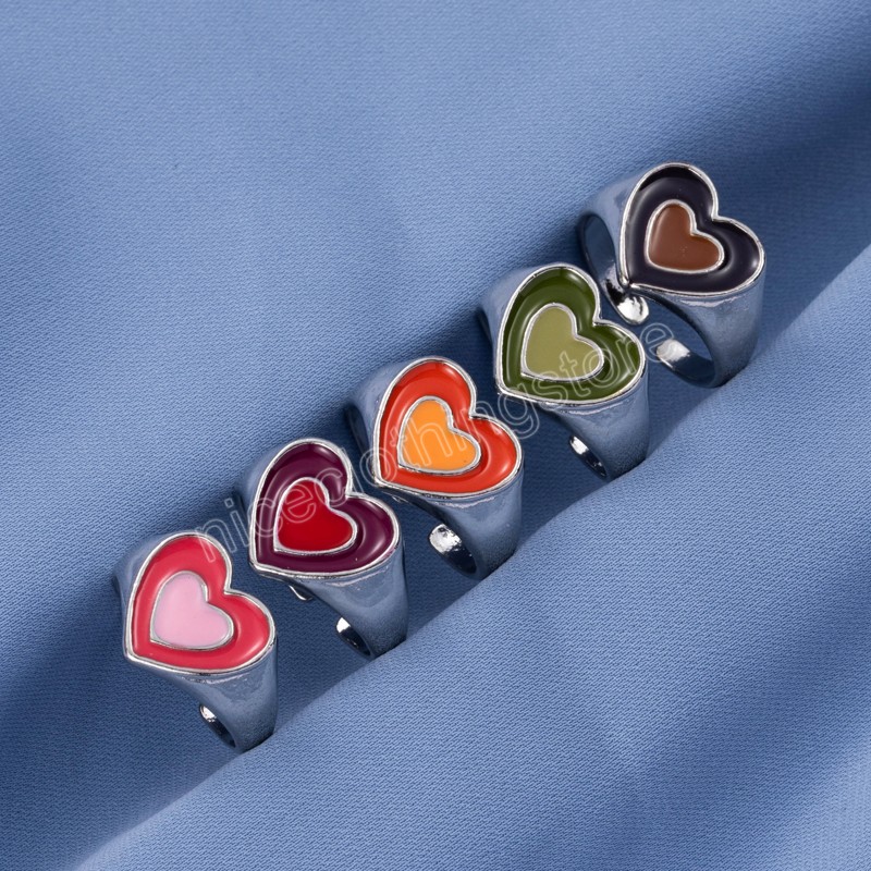 Creative Cute Colorful Double Layer Love Heart Ring Vintage Drop Oil Metal Heart Rings for Women Girls Fashion Jewelry