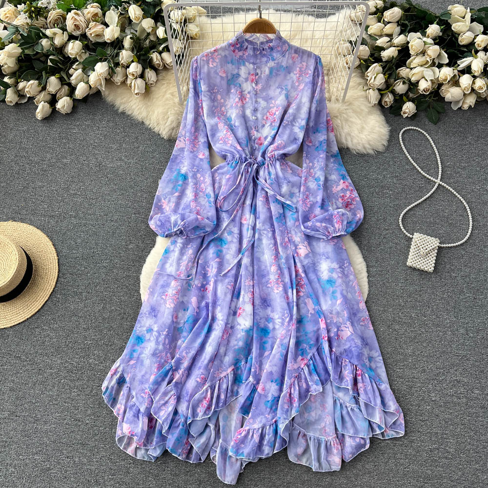 Casual Dresses Runway Spring Summer Chiffon Long Dress Women Stand Collar Puff Sleeve Floral Print Bohemian Oregelbunden dragskörning 2023