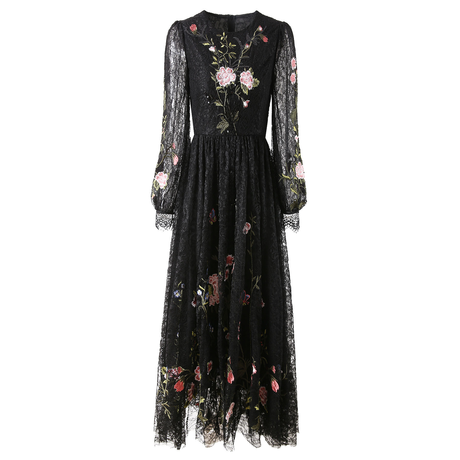 2023 Autumn Black Floral Embroidery Sequins Lace Dress Long Sleeve Round Neck Panelled Long Maxi Casual Dresses S3L220621