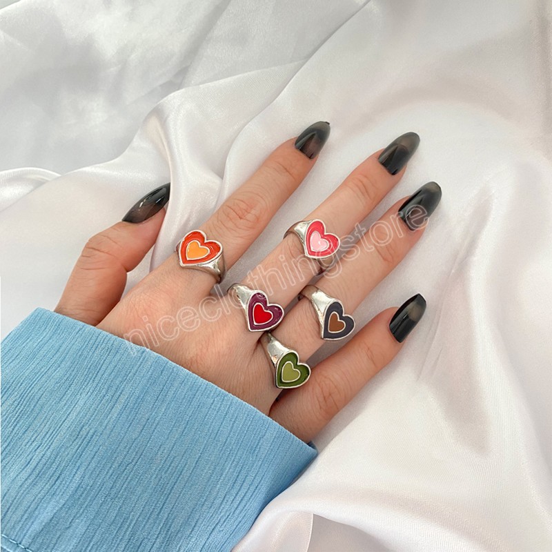 Creative Cute Colorful Double Layer Love Heart Ring Vintage Drop Oil Metal Heart Rings for Women Girls Fashion Jewelry