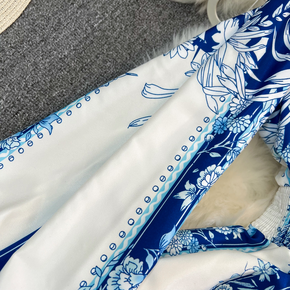 Freizeitkleider 2023 Frühling Herbst Retro-Druck Blaue knielange Kleider Damen V-Ausschnitt Laternenärmel Elastische Taille Schlankes Urlaubs-Strandkleid