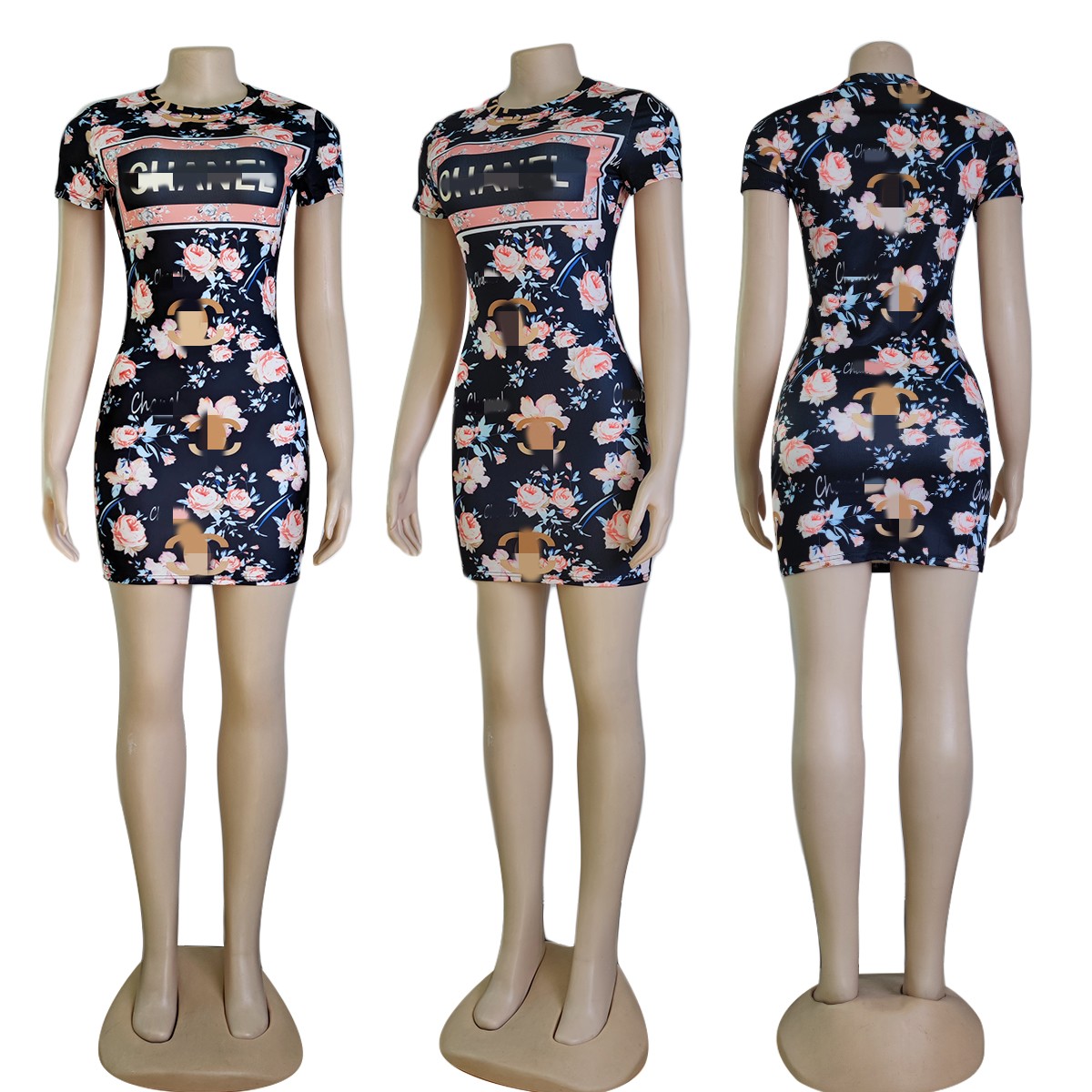 Summer Floral Dresses Women Casual Crew Neck Slim Bodycon Short Mini Dress Free Ship