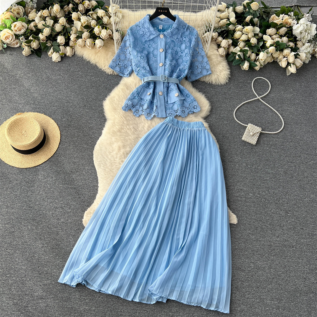 Two Piece Dress French Suits Women's New Fashion Lapel Short Sleeve Lace Tops + High-waist Pleated Skirt Solid Color Elegant Two-piece Sets 2023