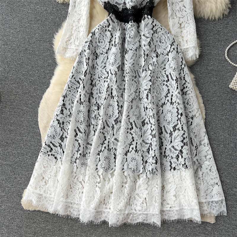 Casual Dresses Summer Summer New Women Mid-Längd White Lace Stitching Brodery Dress High midje rund hals långärmad a-line klänning Elegant Vestido 2023