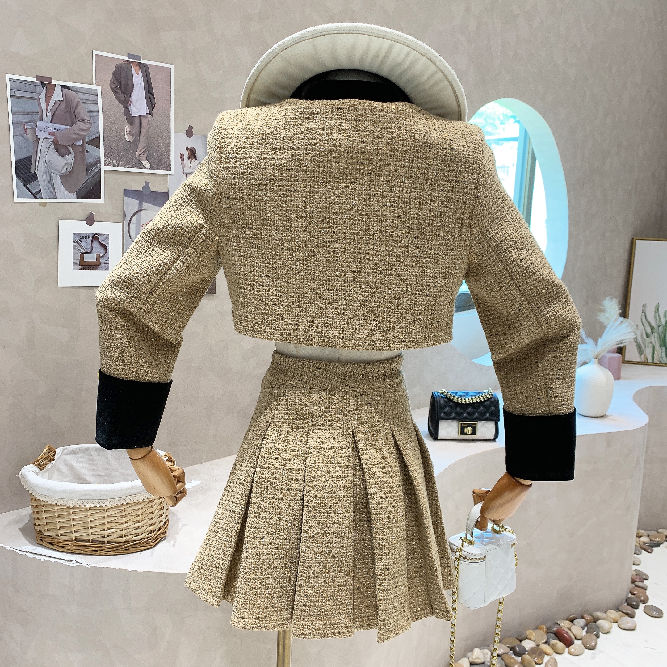 Vestido de duas peças estilo britânico patchwork tweed jaqueta curta conjunto de duas peças feminino Y2k retrô cintura alta saia plissada conjunto de 2 peças 2023