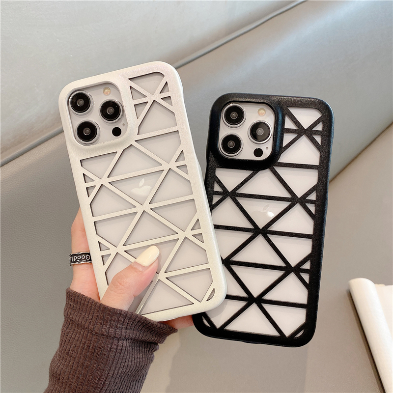 Luxe Hollow Out Vogue Telefoonhoes voor iPhone 14 13 12 11 Pro Max Duurzaam Slank Stijlvol Volledig beschermend Zachte bumper Geometrische print Leer Warmteafvoer Achterkant