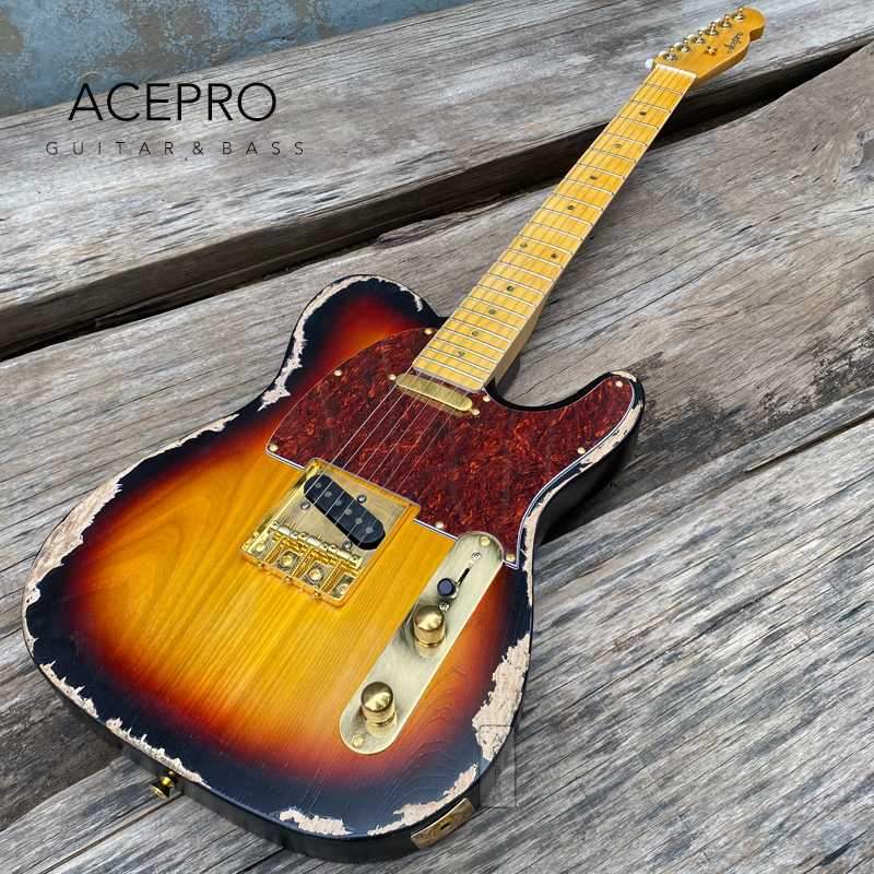 ACEPRO ASH Body Relic Elektrische gitaar Vintage Sunburst Color Maple Neck Abalone Inlay Gold Hardware Handgemaakte oude gitarra