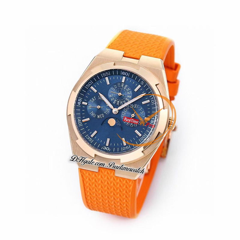 TWF Overseas Perpetual Calendar Phase de Lune 4300V A1120 Automatique Montre Homme Or Rose Cadran Bleu Caoutchouc Orange Super Version Reloj Hombre Edition Puretime B2