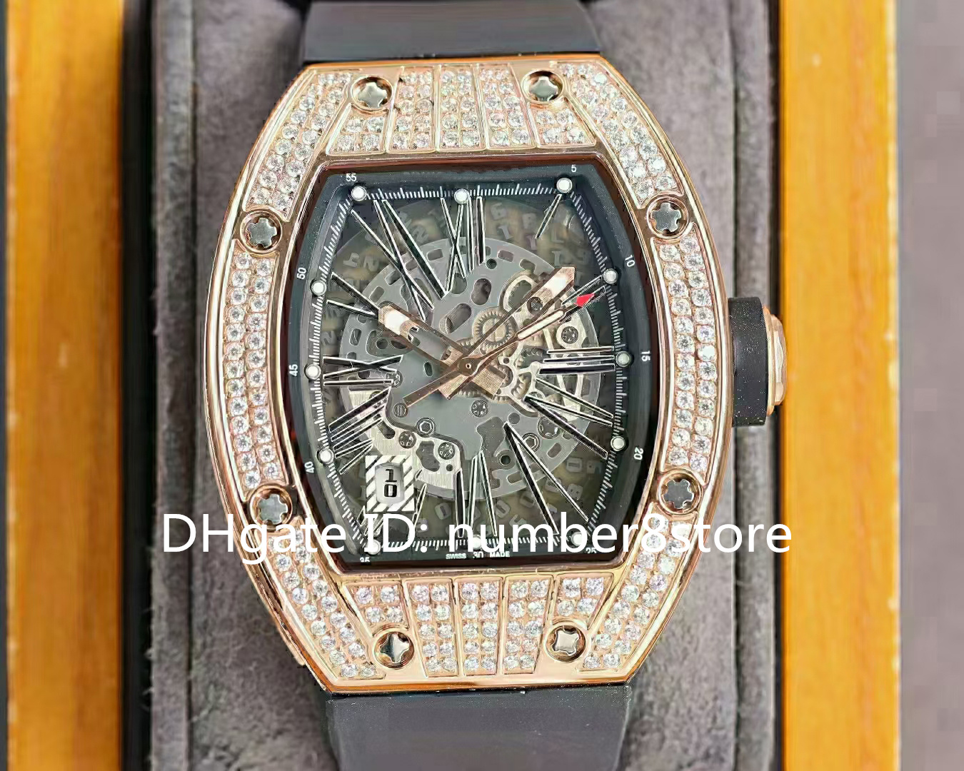RM010 Diamond Luxury Mens Watch 18K Rose Gold Tonneau Sport Wristwatch Swiss Automatic Mechanical OpenWorked Dial Sapphire Crystal Water Resistant Watches