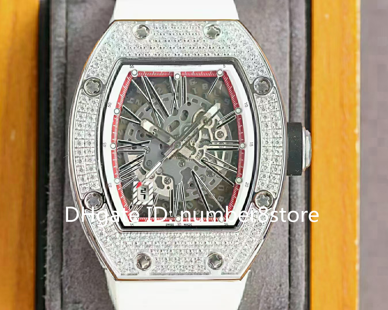RM010 다이아몬드 럭셔리 남성 시계 시계 18K 로즈 골드 톤 스포츠 손목 시계 스위스 자동 기계식 오픈 워크 다이얼 사파이어 크리스탈 방수 시계