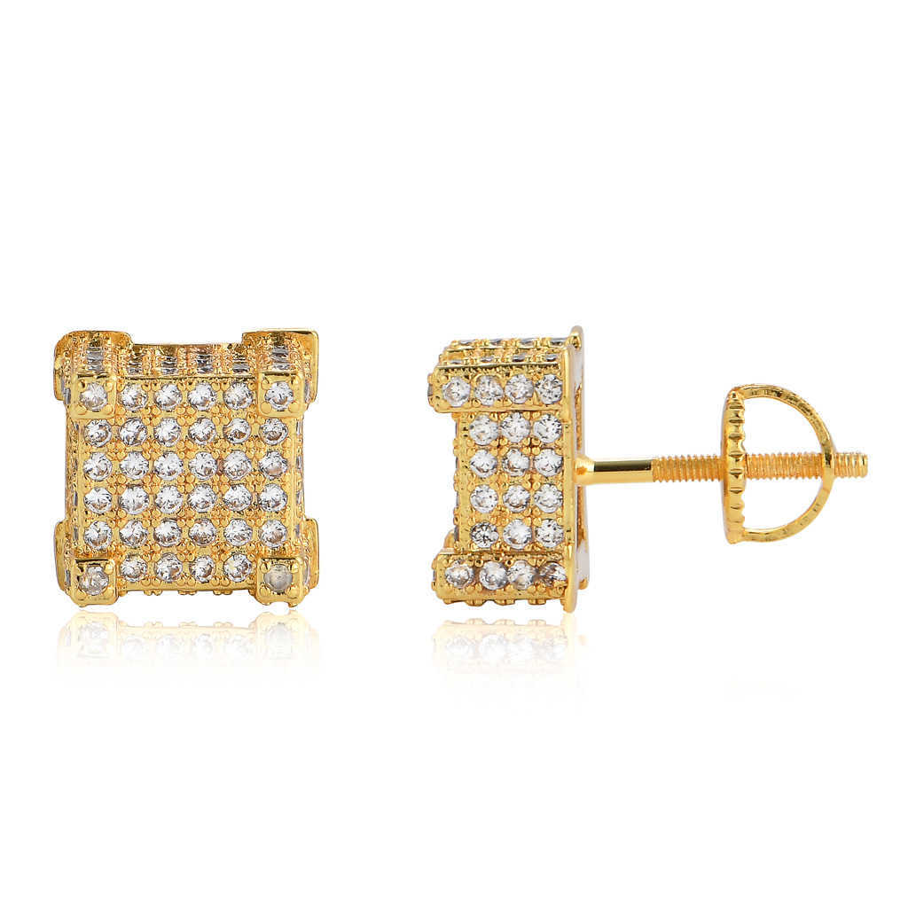 Populaire Gzw-sieraden Hiphop herenoorbellen Stud Screw Back Square Iced Out Cubic Zirconia Personality Trend Earring Studs Rapper Ear Echte stenen sieraden voor mannen