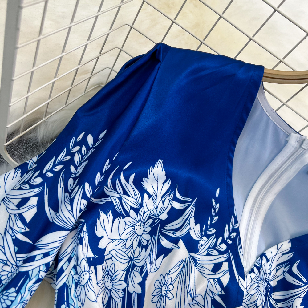Casual Dresses 2023 Spring Autumn Retro Print Blue Kne-Length Dresses Women's V-Neck Lantern Sleeve Elastic Midje Slim Holiday Beach Dress
