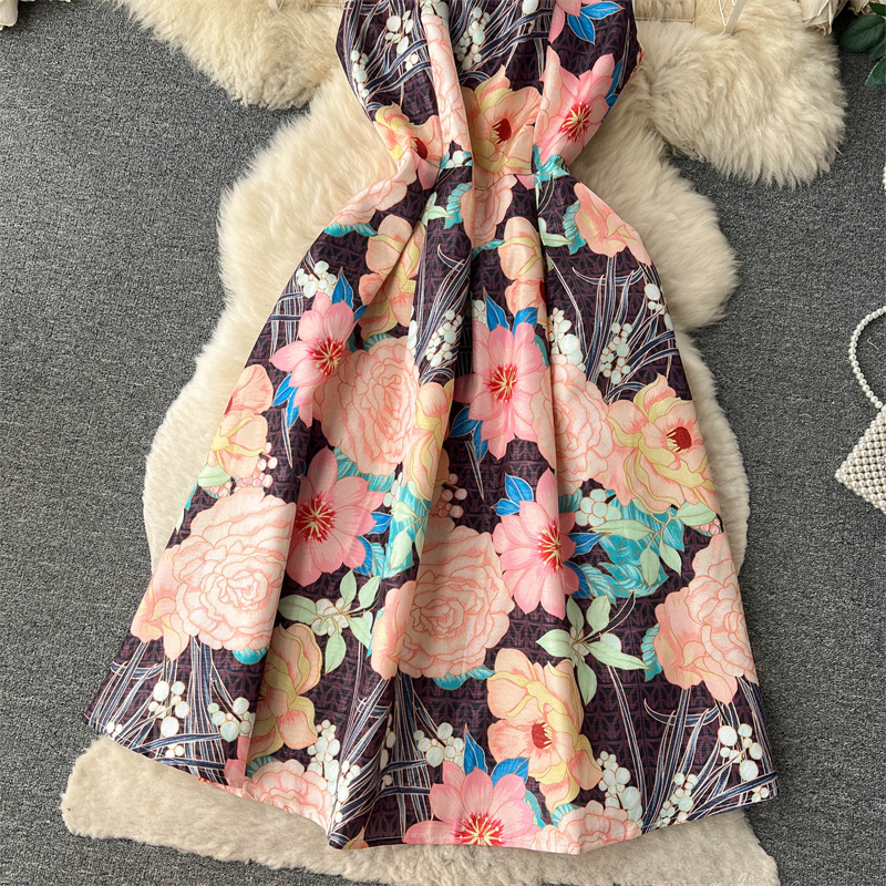 Casual Dresses Summer Vintage Printed Round Neck Sleeveless Dress Women High Quality Floral Print Vestidos High Waist Mid-Length Ladies Dresses 2023