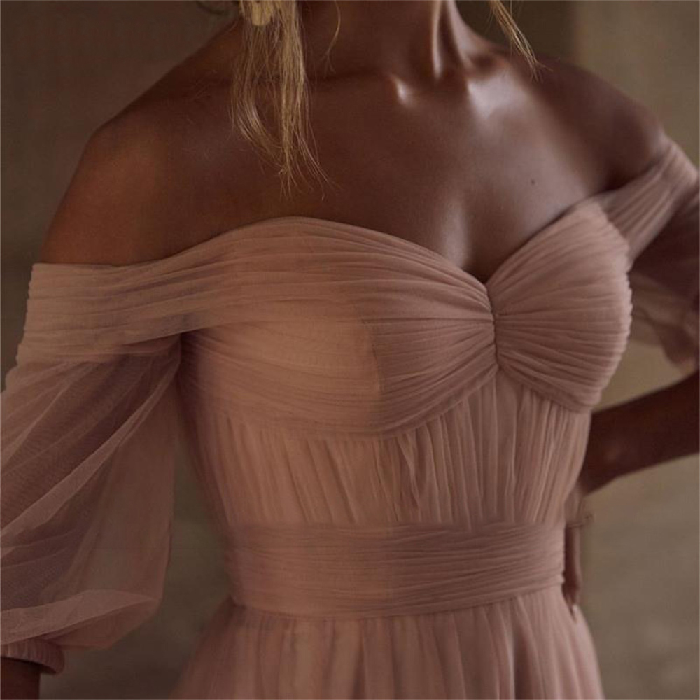 Pink Prom Dresses Boho Beach Evening Dress Off Shoulder Vintage Billiga festklänningar med kort ärm plus storlek Vestidos