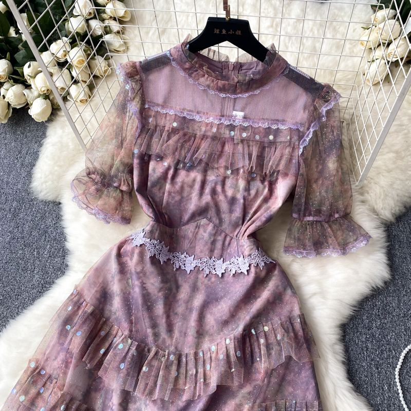 2023 Casual Dresses Summer French Vintage Hollow Out Mesh Lace Patched Sequin A-line Dress Women