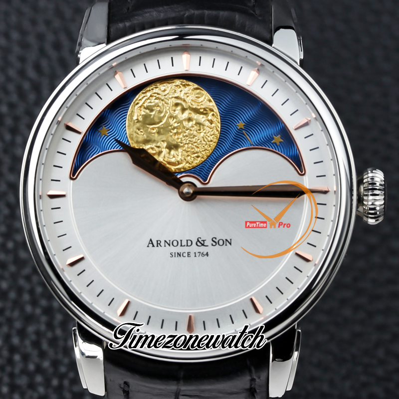 New 42mm Arnold&Son HM Perpetual Moon A1GLARI01AC122A Steel Case White Dial Mechanical Hand Winding Mens Watch Black Leather Strap Watches UK Cool Timezonewatch